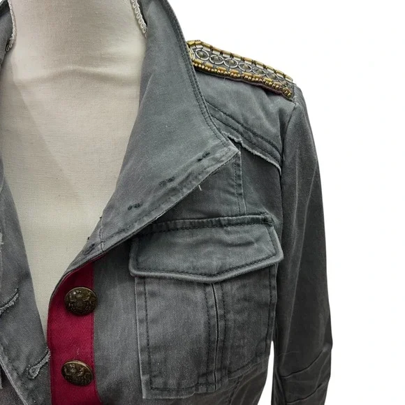 Free People Military Band Jacket Gray Cropped Blazer Epaulettes & Brass Buttons - Picture 3 of 12